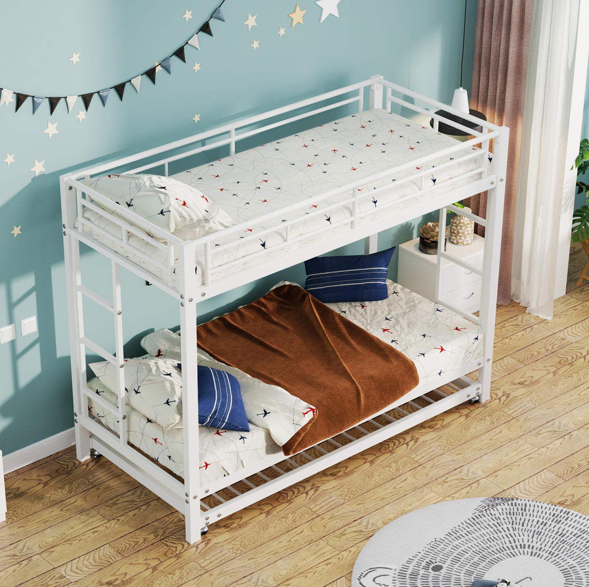 ETAGENBETT aus Metall 90x200 cm Weiß mit Ausziehbett und hohem Sicherheitsgeländer - Weiß, Metall (90/200cm) - Modfu