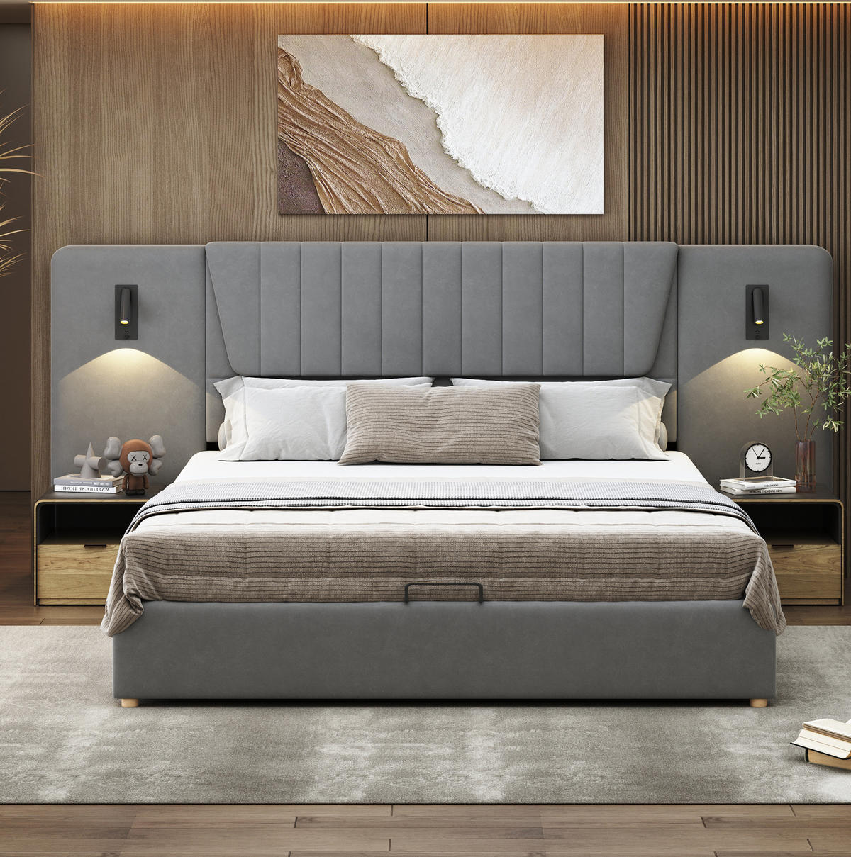 POLSTERBETT mit Stauraum 180x200 cm Samt Grau mit USB und Leselampen - Grau, Metall (180/200cm) - Meubliv