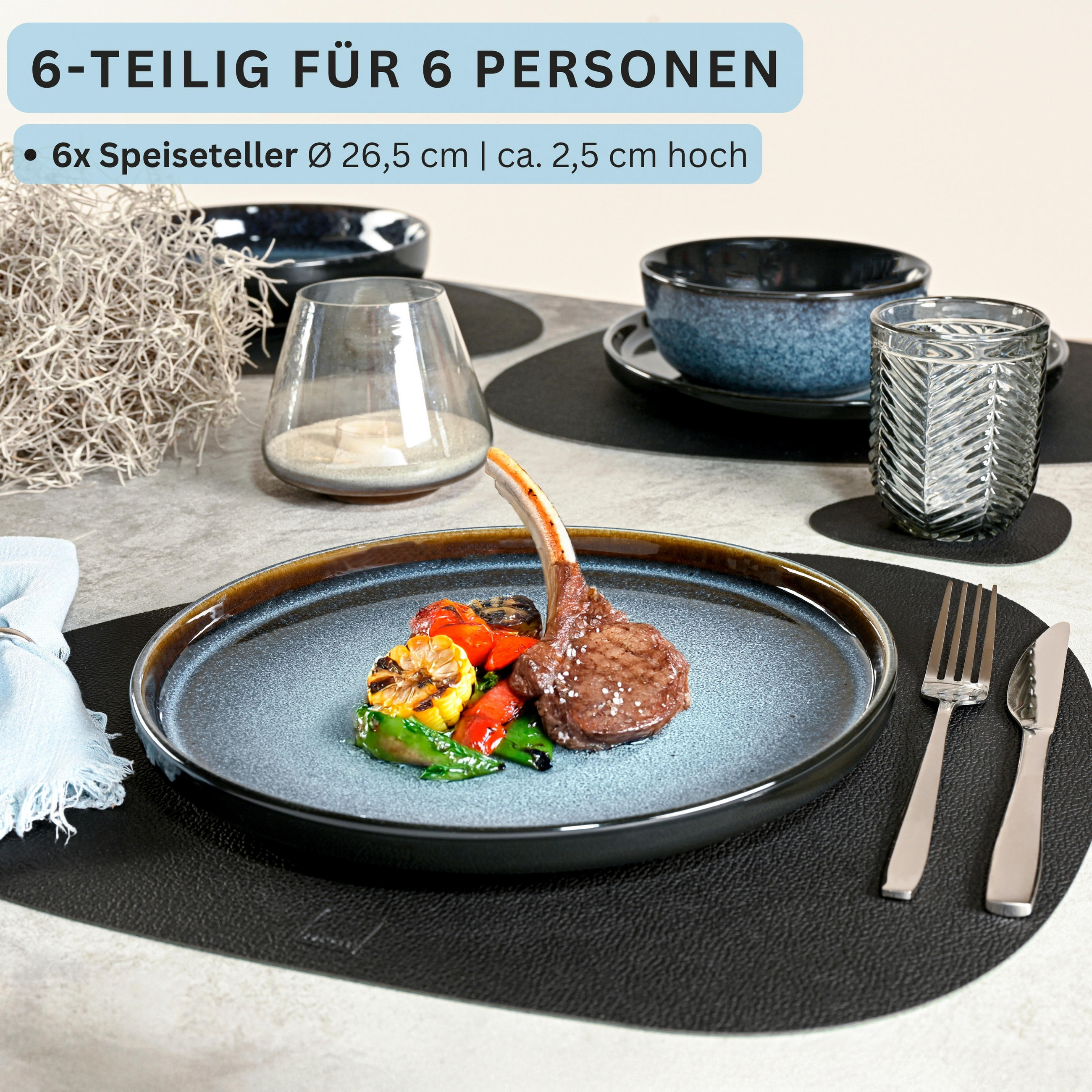SPEISETELLER SET OSAKA - 6 teilig aus Steingut - Blau, Stein (26.5cm) - Sänger
