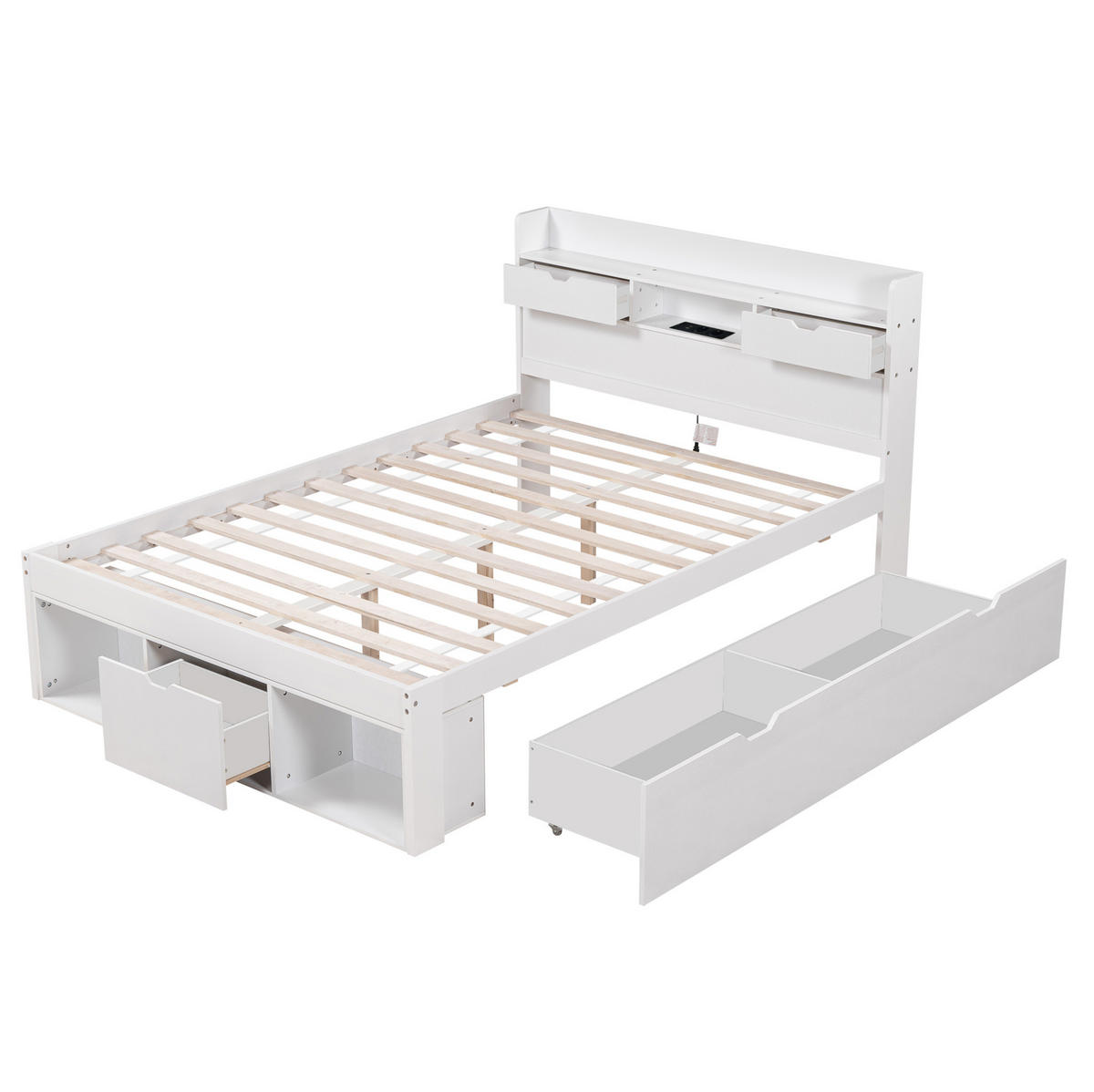 BETT Multifunktionales 160/200 cm Weiß mit USB-Anschluss und Schubladen - Weiß, Holzwerkstoff (160/200cm) - OKWISH