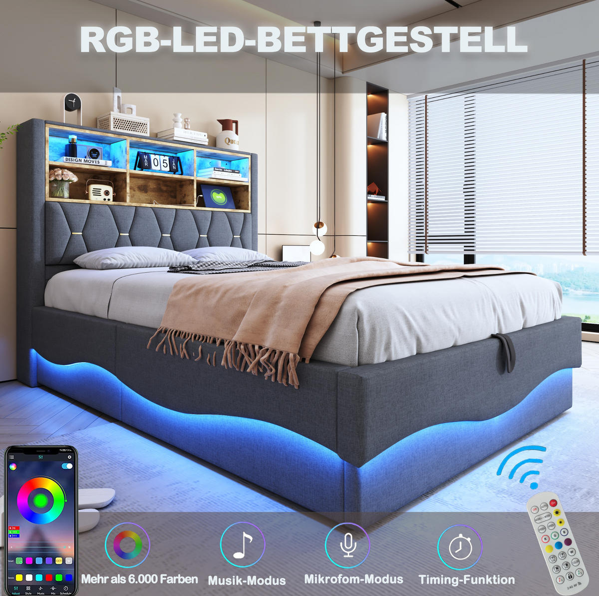 POLSTERBETT 140/200 cm Grau mit Stauraum, LED-Beleuchtung und USB-Anschluss - Grau, Metall (140/200cm) - Flora Grace