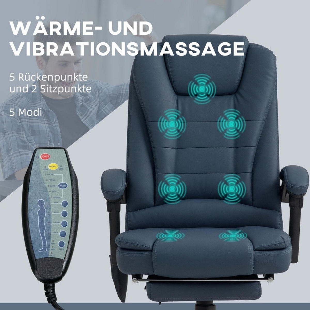 DREHSTUHL 67/67/111-121 cm blau aus Kunstleder mit Massagefunktion und Fußstütze - Blau, Leder (67/121/67cm) - OKWISH