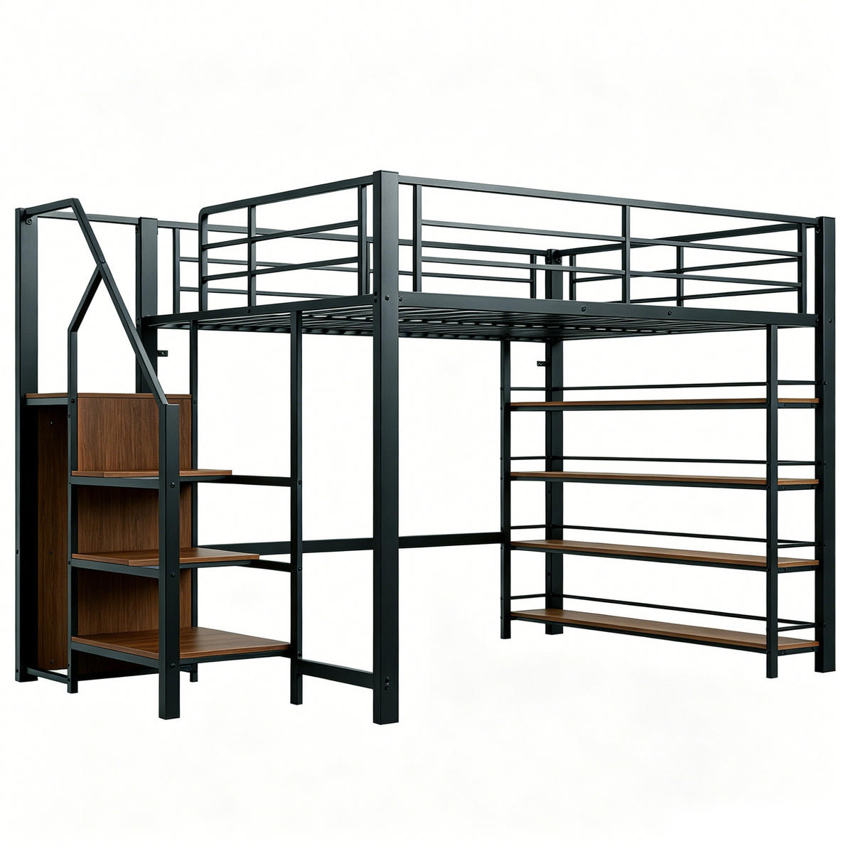 HOCHBETT 140/200 cm aus Metall und MDF mit Stauraumtreppe und Kleiderstange Schwarz - Schwarz, Metall (140/200cm) - Modenvie