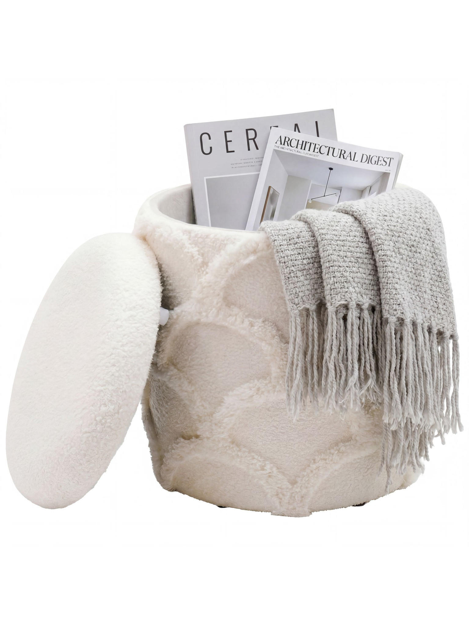 SITZHOCKER RHONE, Teddystoff, mit Wellenmuster, Creme, Ø 40 x 45 cm - Beige/Creme, Textil (40/45/40cm) - KADIMA DESIGN