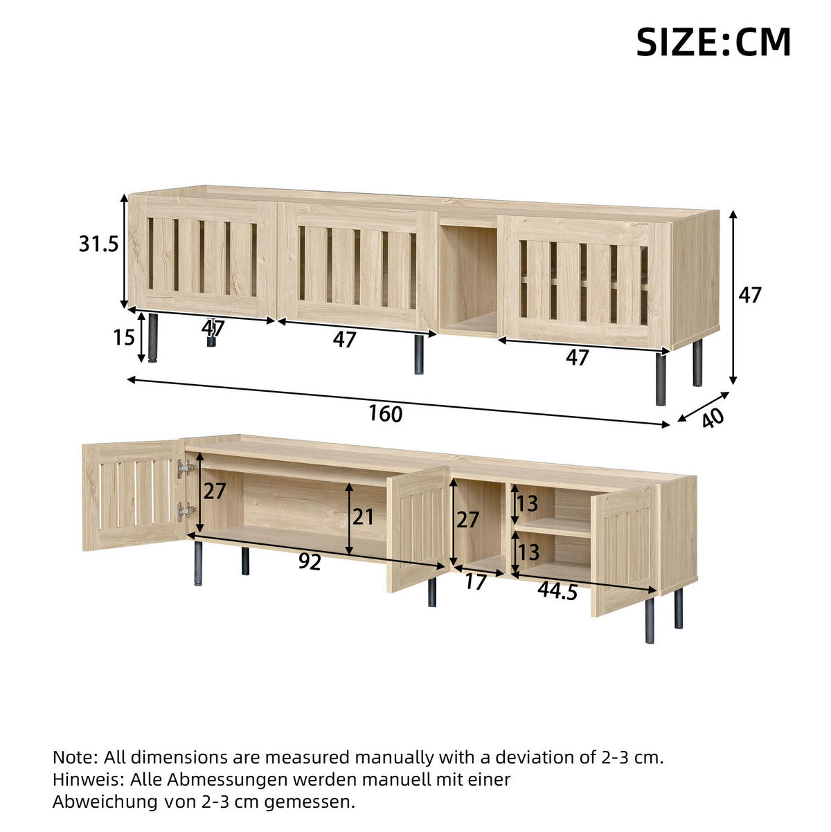 TV-LOWBOARD 160/40/47 cm mit 3 Türen und Kabeldurchlass in Natur - Hellbraun, Holzwerkstoff (160/47/40cm) - BEAOK