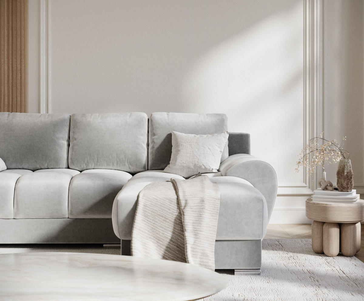 ECKSOFA MIT SCHLAFFUNKTION Peebles Creme Samtstoff - Chromfarben/Creme, Holz/Holzwerkstoff (256/175cm) - Maison de Reve