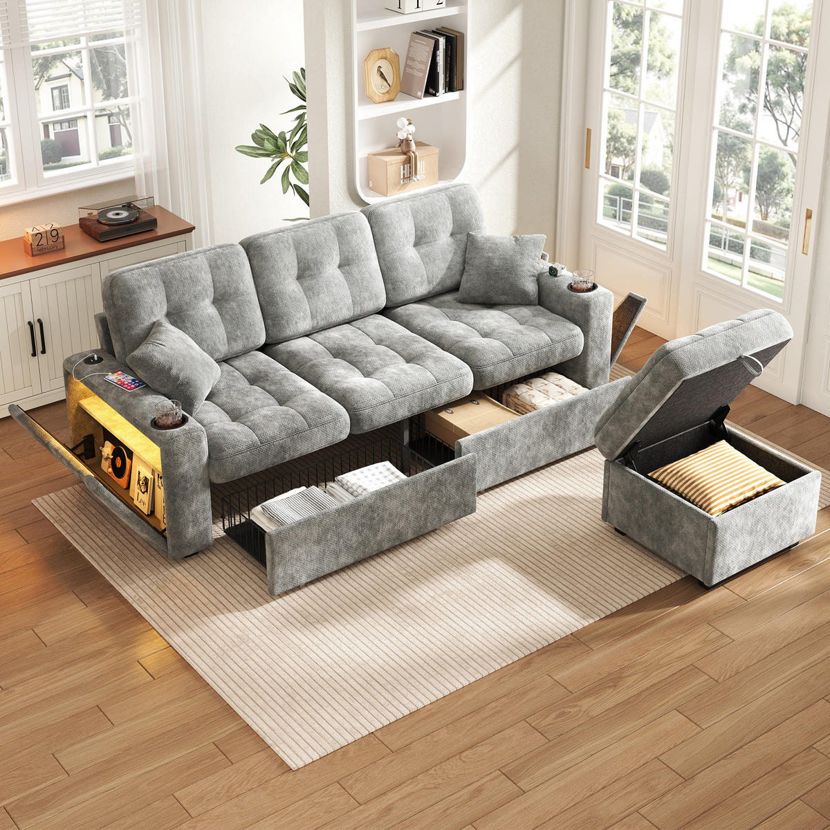 BIGSOFA aus Chenille mit USB-C, LED, Getränkehaltern und Stauraum - Dunkelgrau, Textil (194.5/83/133cm) - EVRYAE