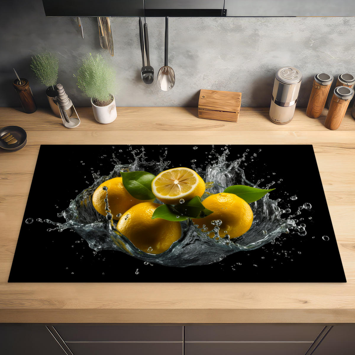 HERABDECKPLATTE - Zitrone - Obst - Gelb - Schwarz - 90x50 - Gelb, Kunststoff (90/50/0.2cm) - MuchoWow