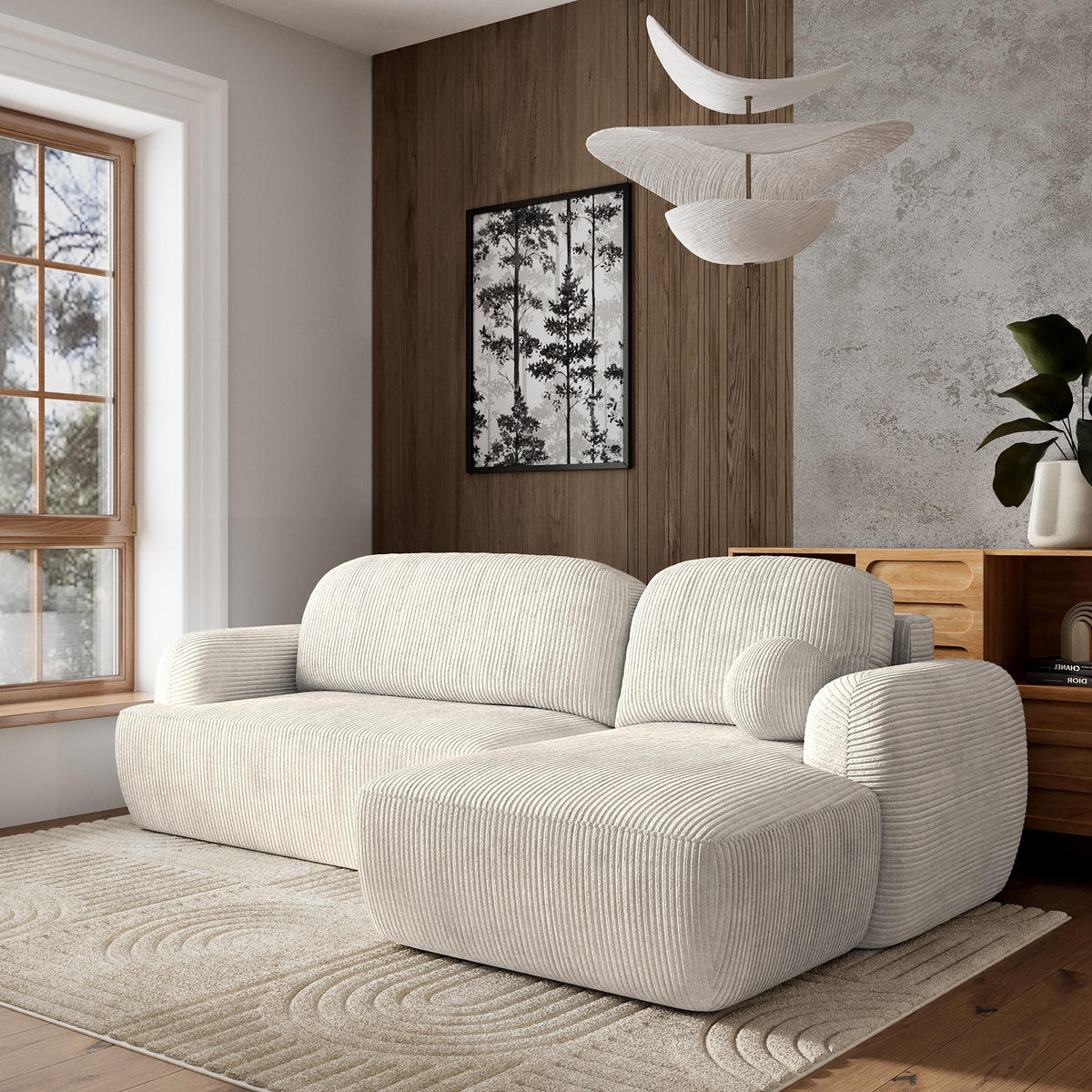 ECKSOFA MODENZA P R-S Creme Kordstoff mit Schlaffunktion - Creme, Holz (266/148cm) - MASSENO