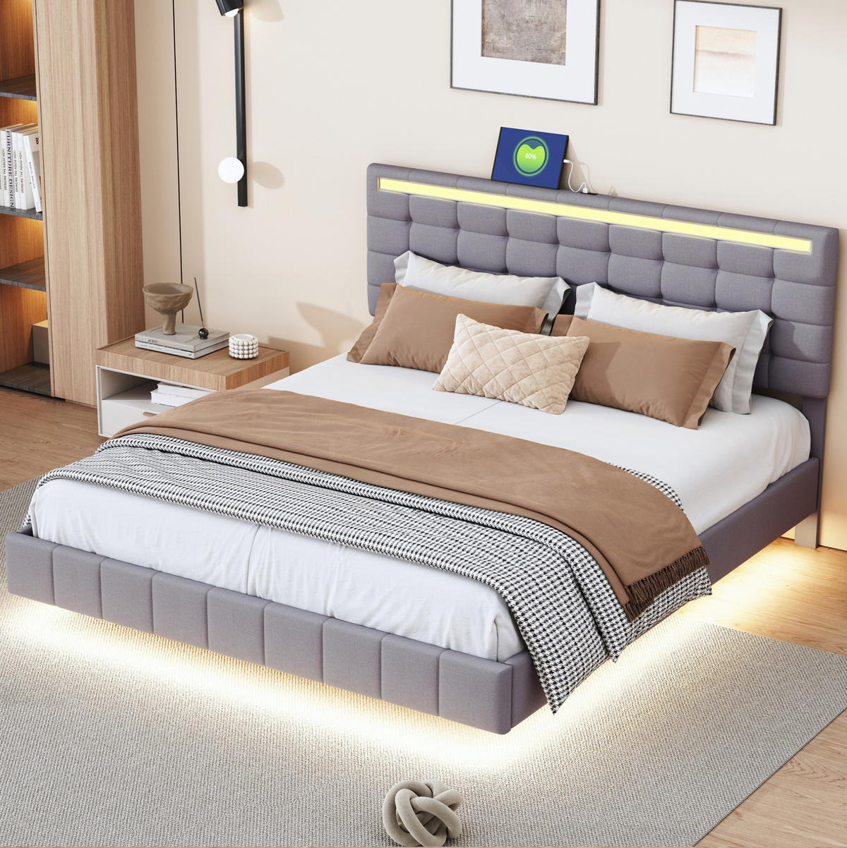 POLSTERBETT 160/200 cm grau mit LED-Beleuchtung und Kopfteil-Design - Grau, Textil (160/200cm) - OKWISH