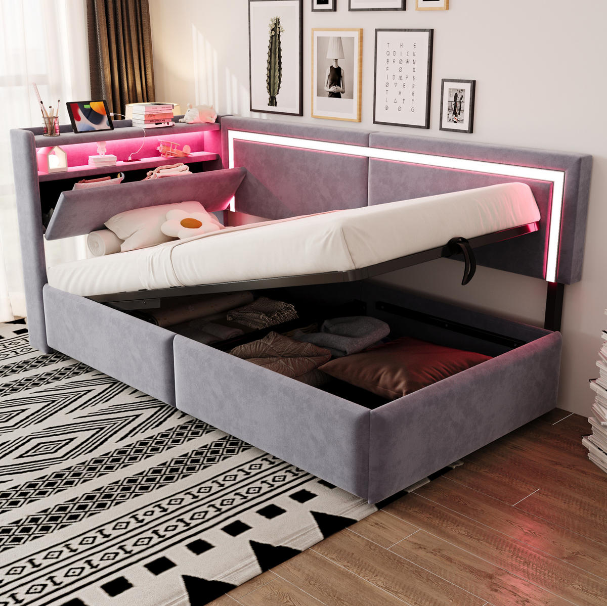 ČALÚNENÁ posteľ 90/200 cm svetlosivá s LED, USB a úložným priestorom zo zamatu - svetlosivá, textil (90/200cm) - OKWISH