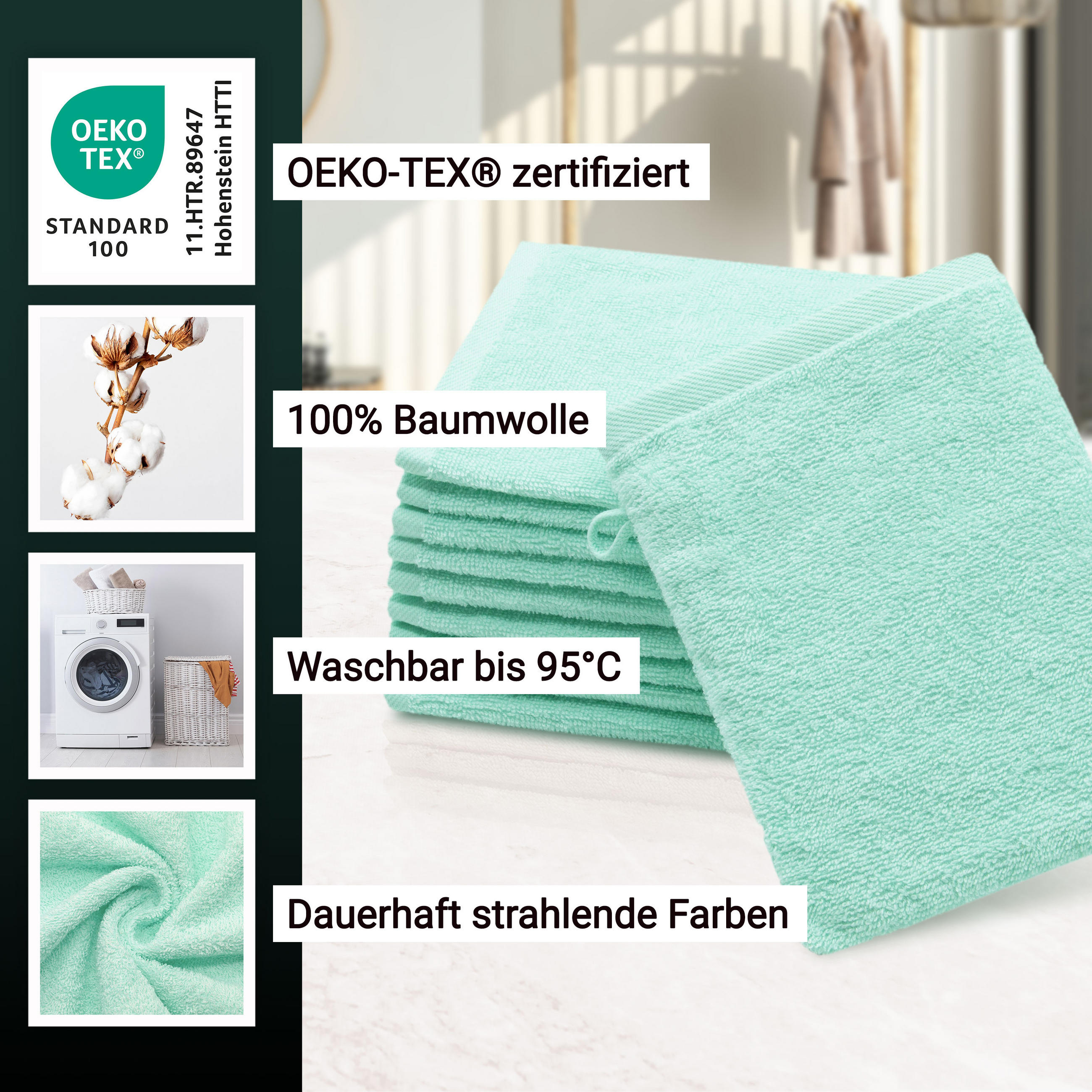 WASCHHANDSCHUH, 10er-Set, 16x21 cm, 100% Baumwolle, Grün - Grün, Textil (16/21cm) - Zollner
