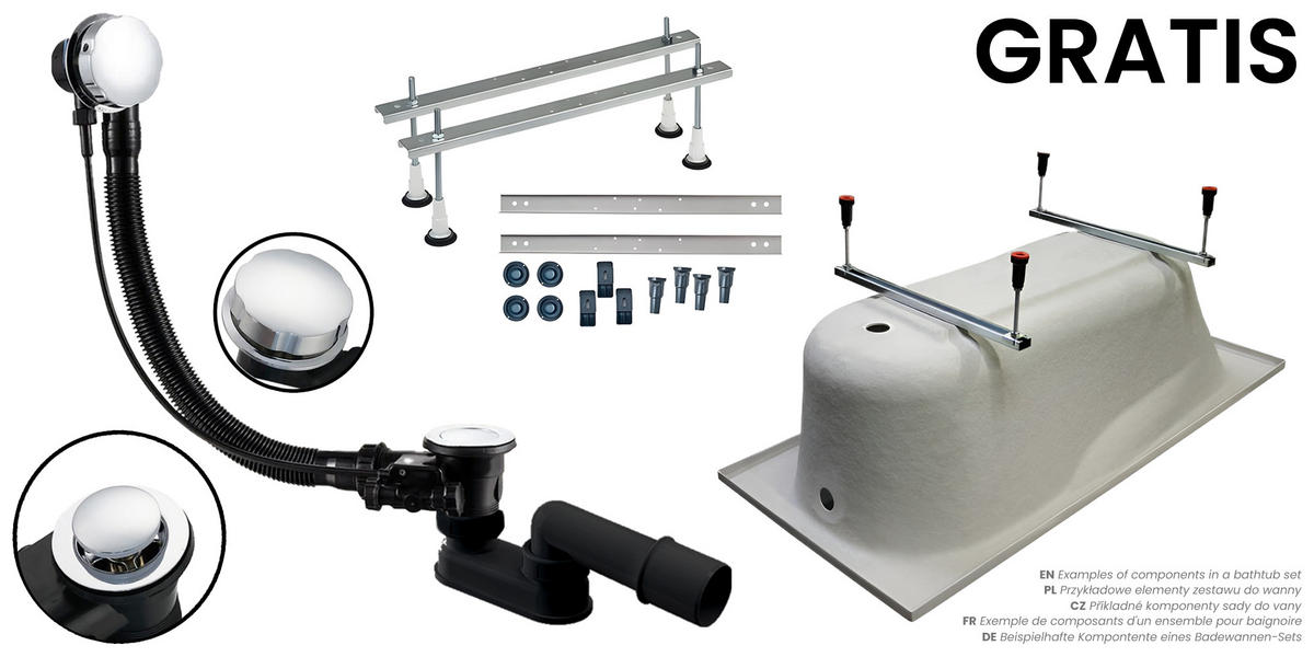 BADEWANNE Rechteck CAPRI 100/70 Ablauf & Füße - Weiß, Kunststoff (70/54.5/100cm) - bad land