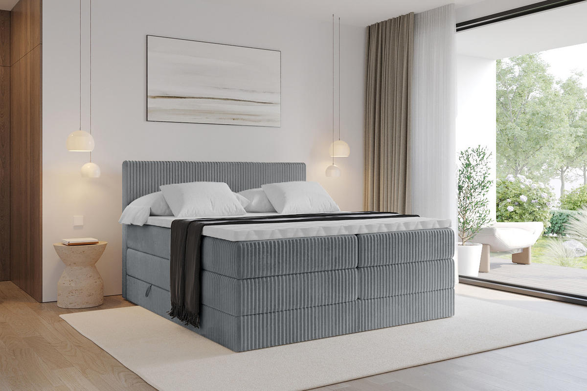 BOXSPRINGBETT mit Matratze H3|H4 und Lattenrost - TOLO KING 160x200 Cord - Dunkelgrau - Dunkelgrau, Holzwerkstoff (160/200cm) - ALTDECOR