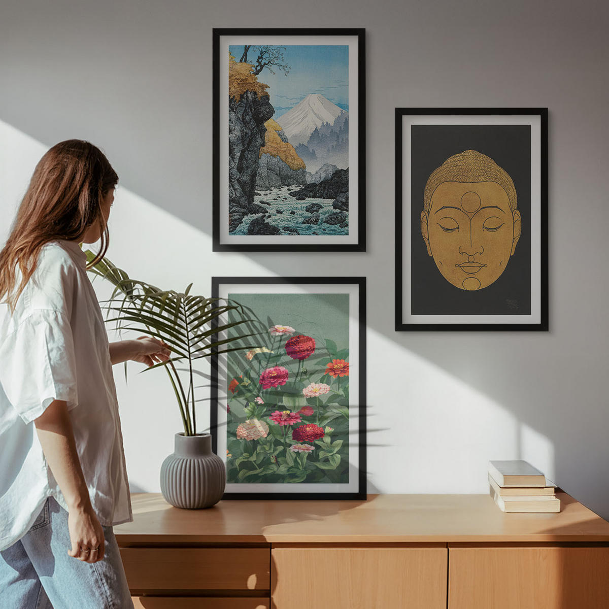 WANDBILDER 3er-Set - 40x60 cm Schwarzer Rahmen - Japanische Natur, Japandi-Kultur - Schwarz, Kunststoff (40/60cm) - ArtPrintCave