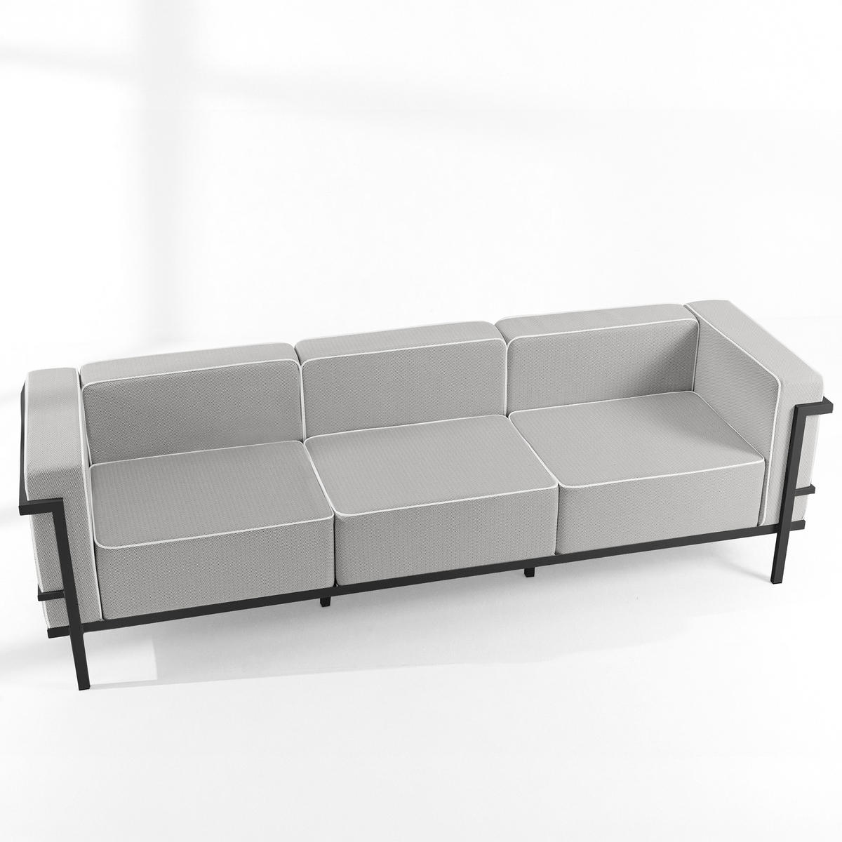 GARTENLOUNGE-SET TRIGLO 1x Tisch, 2x Sessel, 1x Sofa 3-Sitzer, 4-tlg., Modern, Dunkelgrau - Dunkelgrau/Weiß, Glas/Textil - KONSIMO®