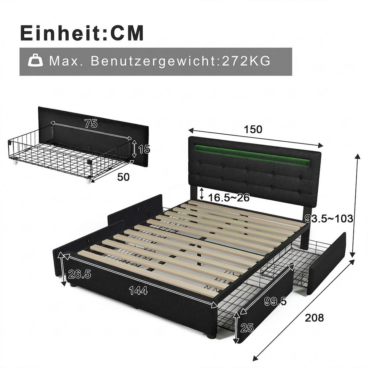 POLSTERBETT 140/200 cm Schwarz LED-Beleuchtung und 2 Schubladen, Ohne Matratze - Schwarz, Holz/Textil (140/200cm) - Oxeza