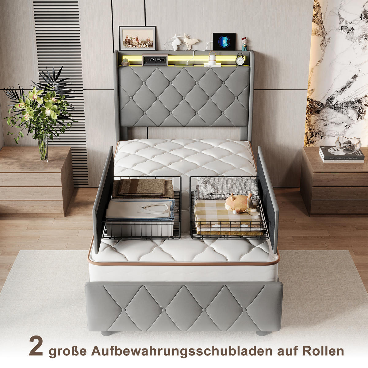 POLSTERBETT 90x200 cm, Zwei Schubladen mit Rollen, RGB LED, USB-/Typ-C-Anschlüsse, Samtstoff, Grau - Grau, Holz (90/200cm) - BRILVERDE