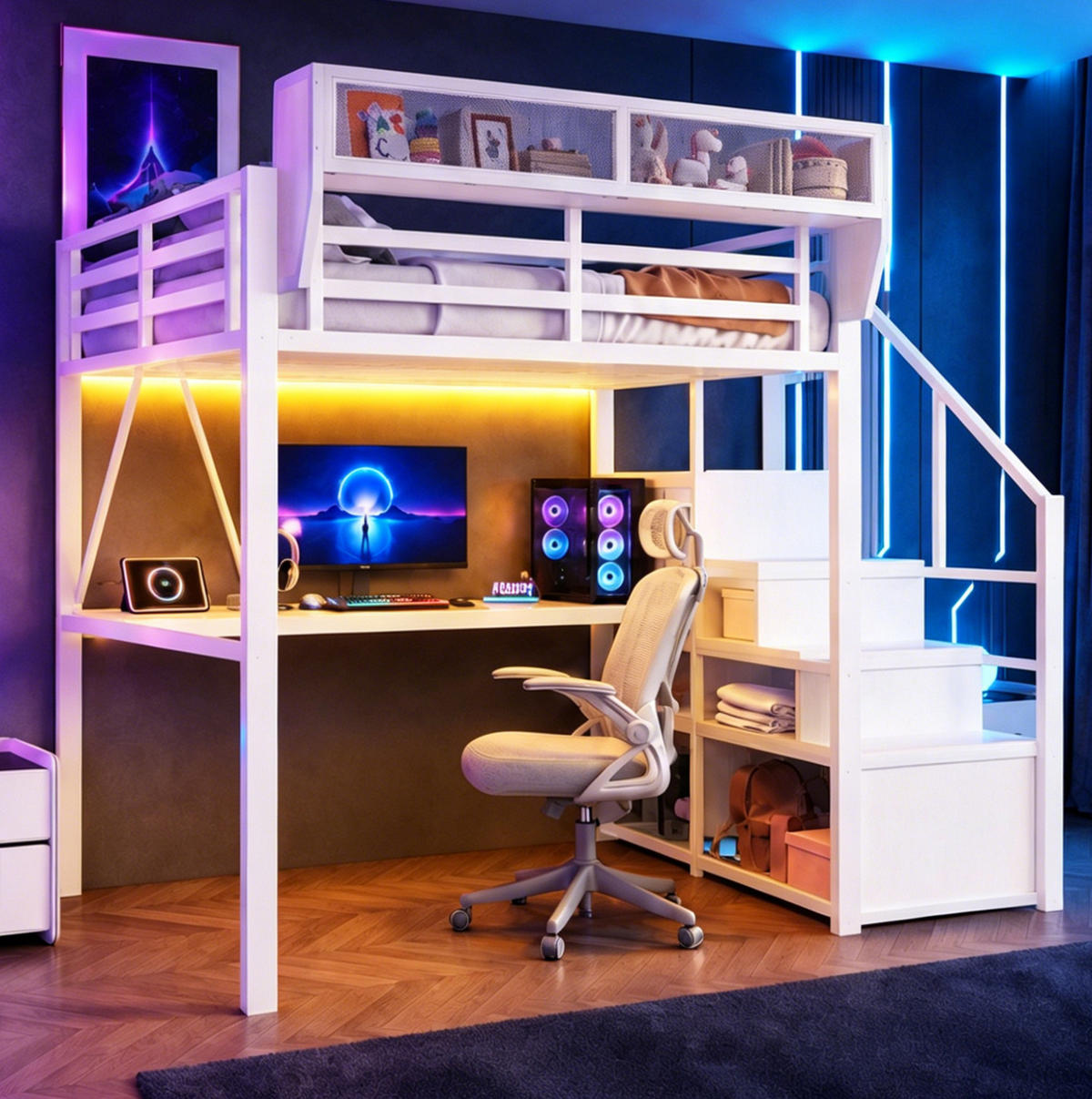 HOCHBETT 140/200 cm aus Metall mit Schreibtisch und LED-Lichtleiste, Weiß - Weiß, Metall (140/200cm) - OKMYHOME