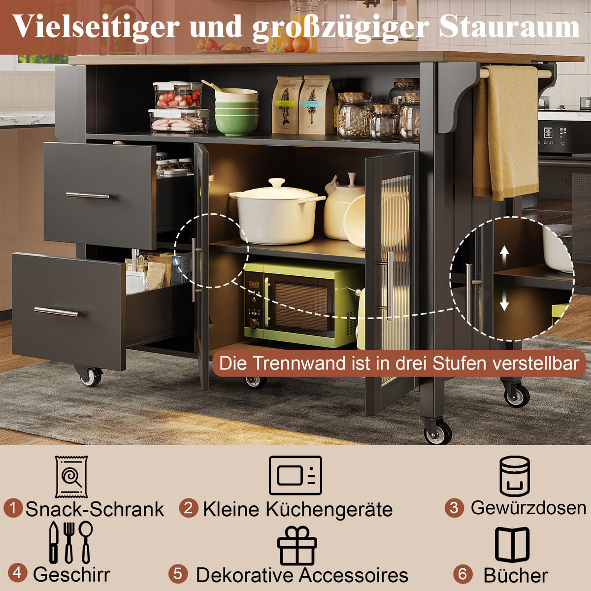 KÜCHENINSEL mit Rollen 139/40/94.5 cm Schwarz mit 2 Schubladen, herausnehmbaren Trennwänden und LED-Leuchten - Schwarz, Holz/Holzwerkstoff (139/94.5/40cm) - Oxeza