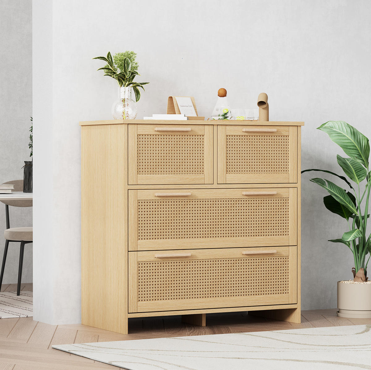 KOMODA z MDF a masivního dřeva 80x80x38 cm přírodní se 4 zásuvkami, ratanovým čelem a ochranou proti převrácení - přírodní, kompozitní dřevo (38/80/80cm) - Modfu