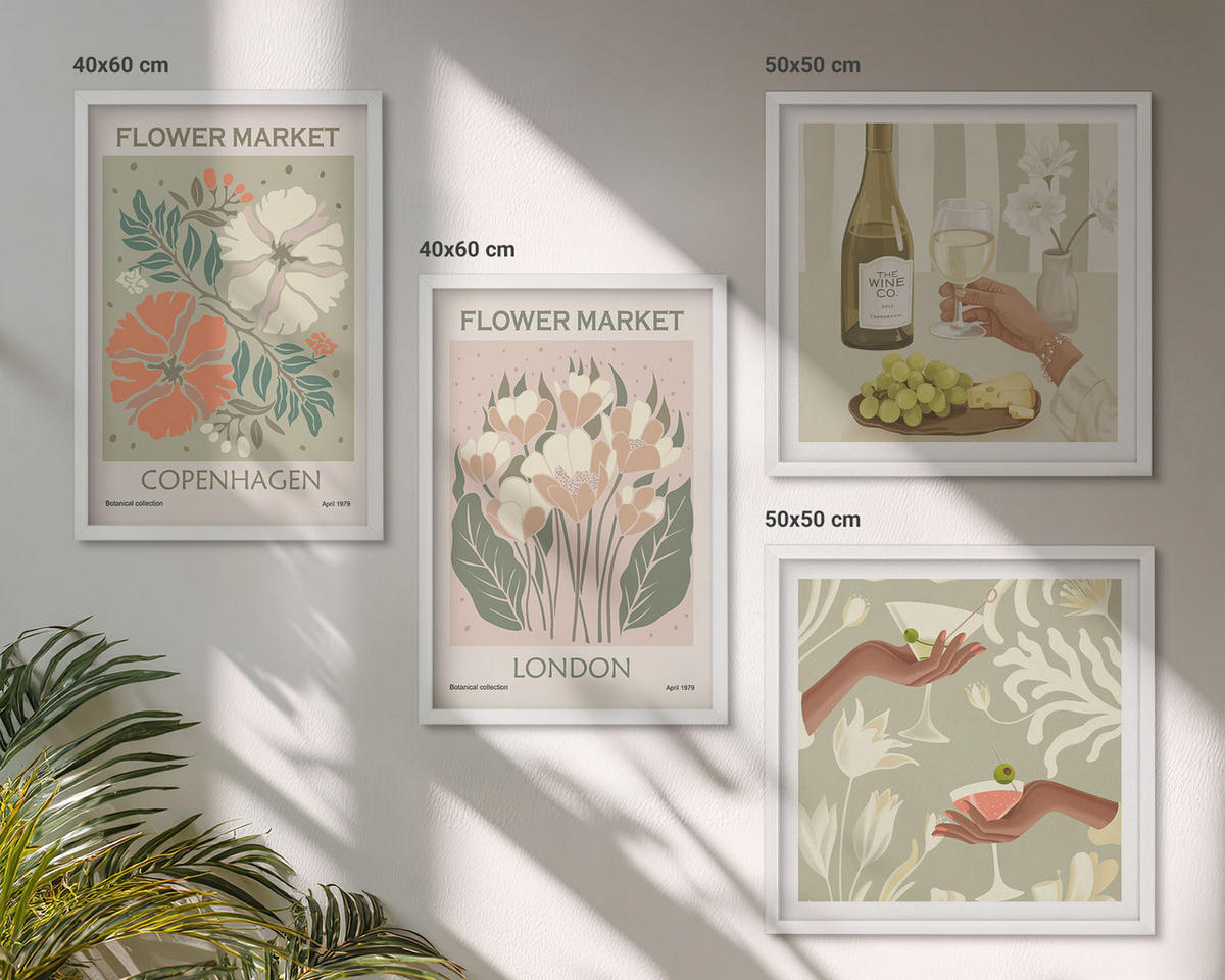 BILDER SET 4er Set - 50x50 cm & 40x60 cm Weißer Rahmen - Blumenposter Weinstadt - Weiß, Kunststoff (50/50cm) - TULUP