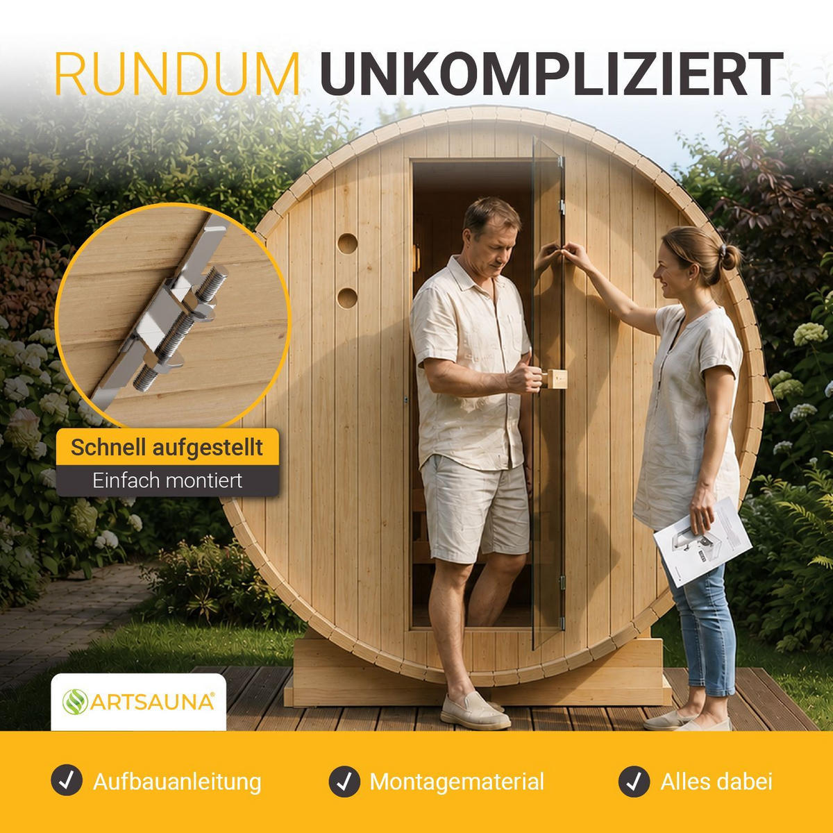 FASSSAUNA Spitzbergen 220 cm mit 8 kW Saunaofen (6 Personen) - Naturfarben, Holz (191/193/220cm) - Artsauna