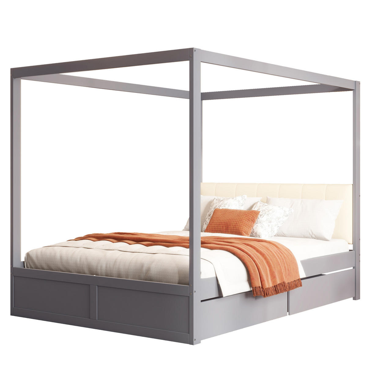 KINDERBETT 140/200 cm mit Zeltdesign, gepolsterter Rückenlehne und 2 Schubladen, Weiß/Grau - Grau, Holzwerkstoff (140/200cm) - Redom