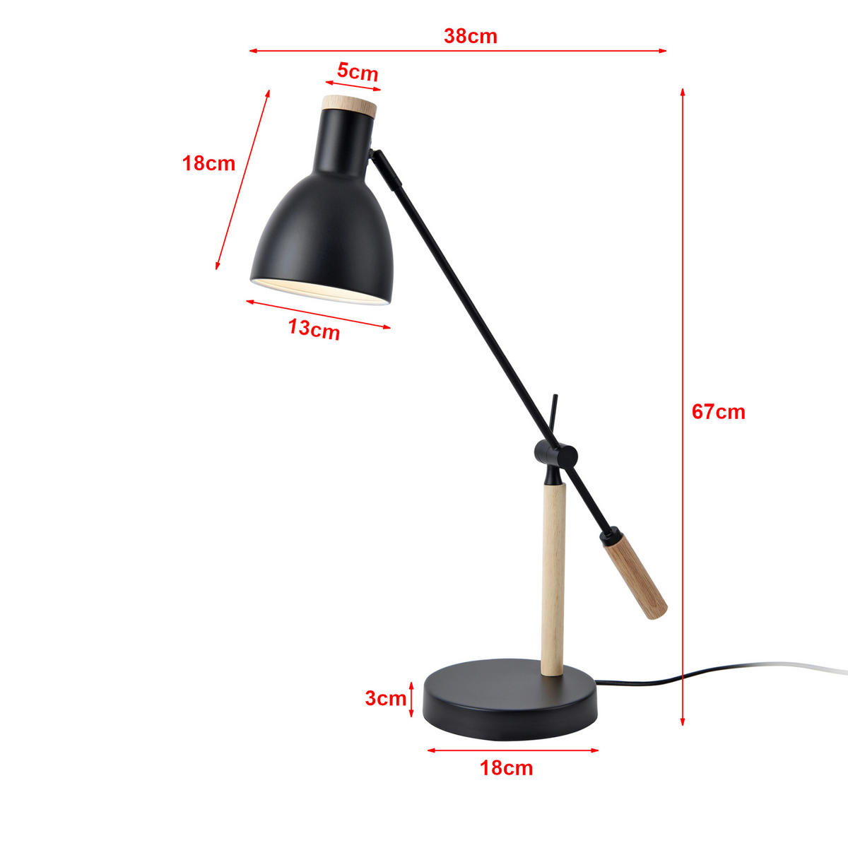 SCHREIBTISCHLAMPE Watford - Schwarz/Braun, Holz/Metall (18/38/67cm) - lux.pro
