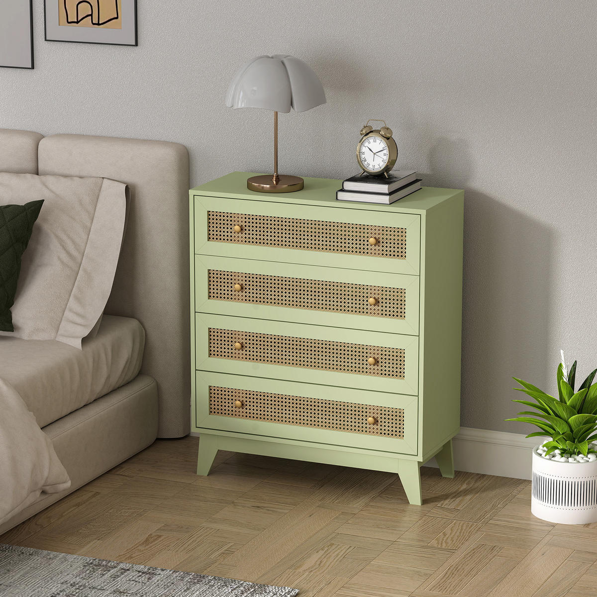 KOMOODE DE-12954 4 Schubladen mit Rattan Grün - Grün, Holzwerkstoff (80/95/35cm) - ComfortXL