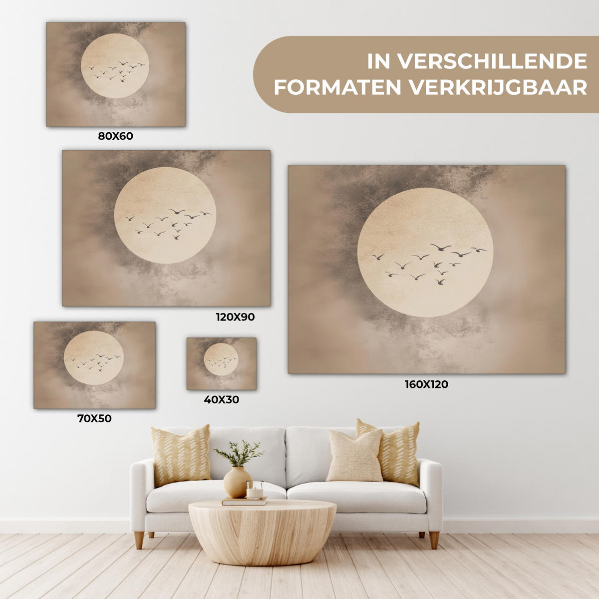 LEINWANDBILD Vogel - Beige - Japanisch Wandbilder 80x60 cm - Taupe, Textil (80/60cm) - MuchoWow