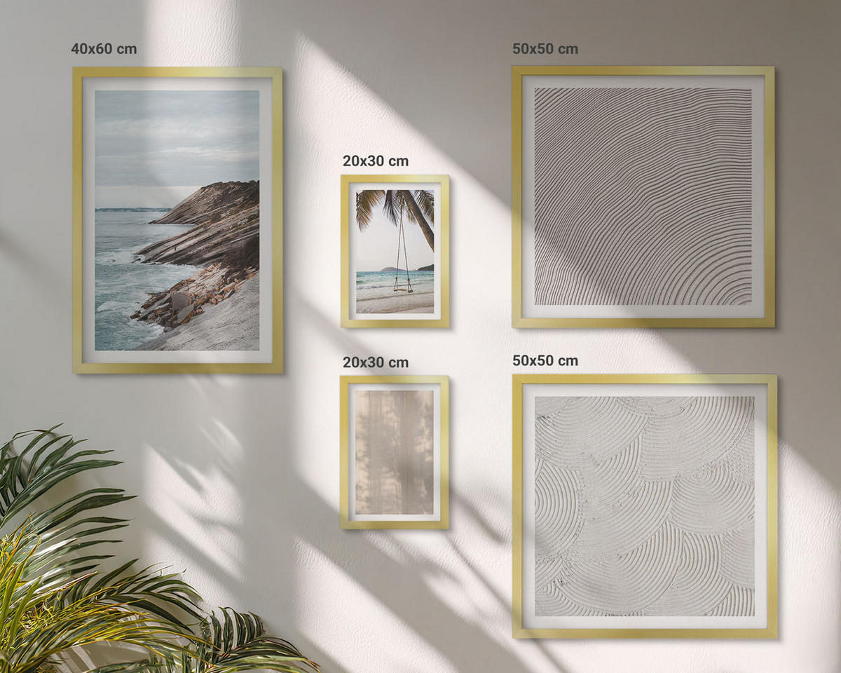 BILDER SET 5er Set - 50x50 cm & 20x30 cm & 40x60 cm Goldrahmen - Sommerlicher Sandstrand mit Meerblick - Goldfarben, Kunststoff (40/60cm) - TULUP