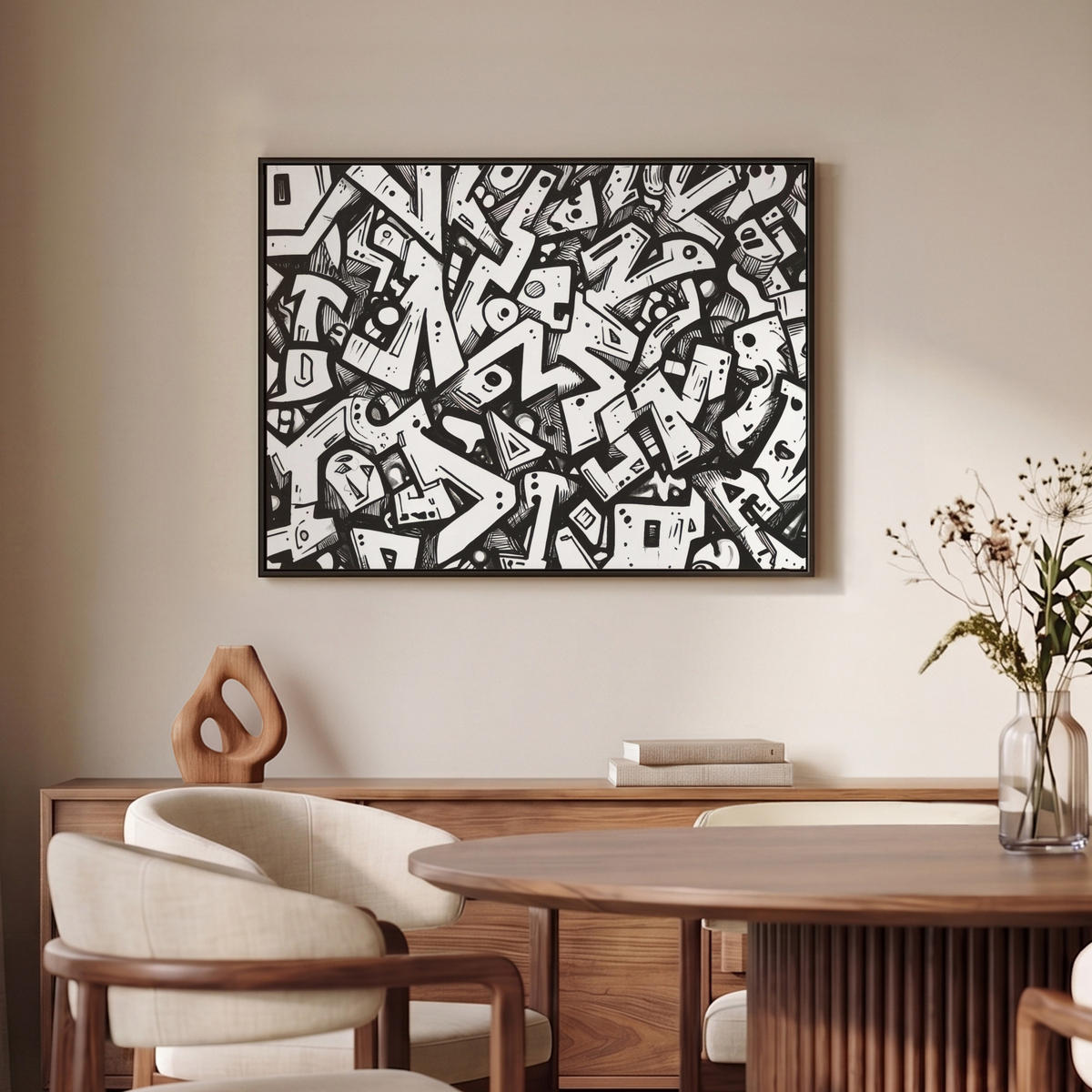 LEINWAND Bilder mit Rahmen - Formen - Buchstaben - Graffiti - Schwarz - 70x50 - Schwarz, Textil (70/50cm) - MuchoWow