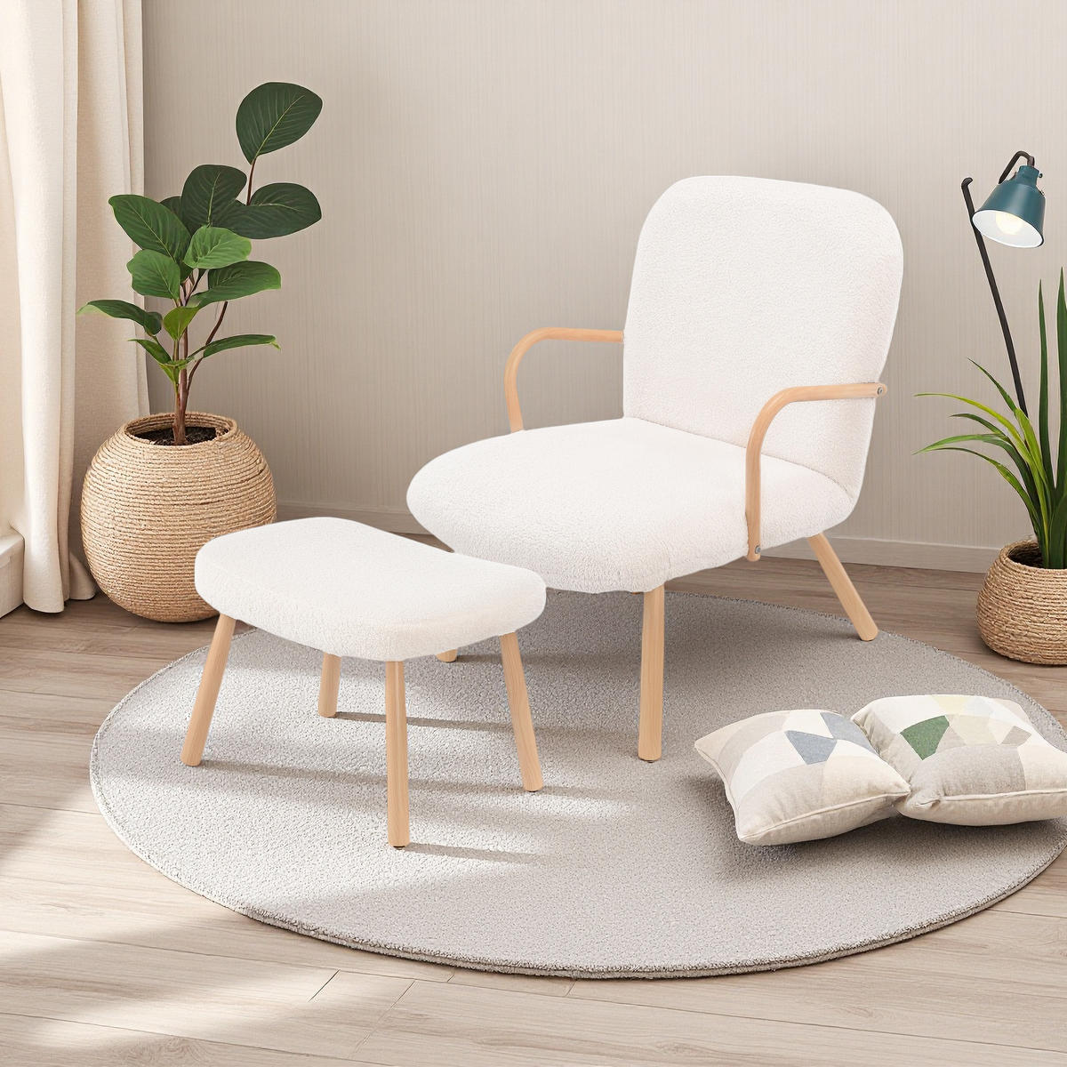 RELAXSESSEL MIT FUSSHOCKER, Lesesessel mit Armlehnen - Beige, Holz (64/82/58cm)