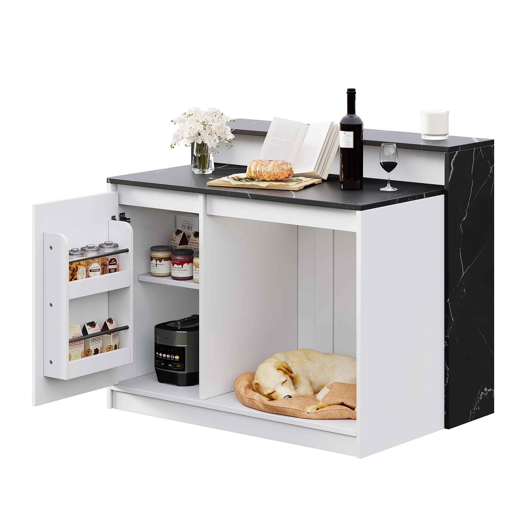 KÜCHENINSEL Schwarz-Weiß Marmoroptik mit Haustierbereich 120×80×100 cm aus MDF - Weiß, Holzwerkstoff (120/100/80cm) - Luhomfu