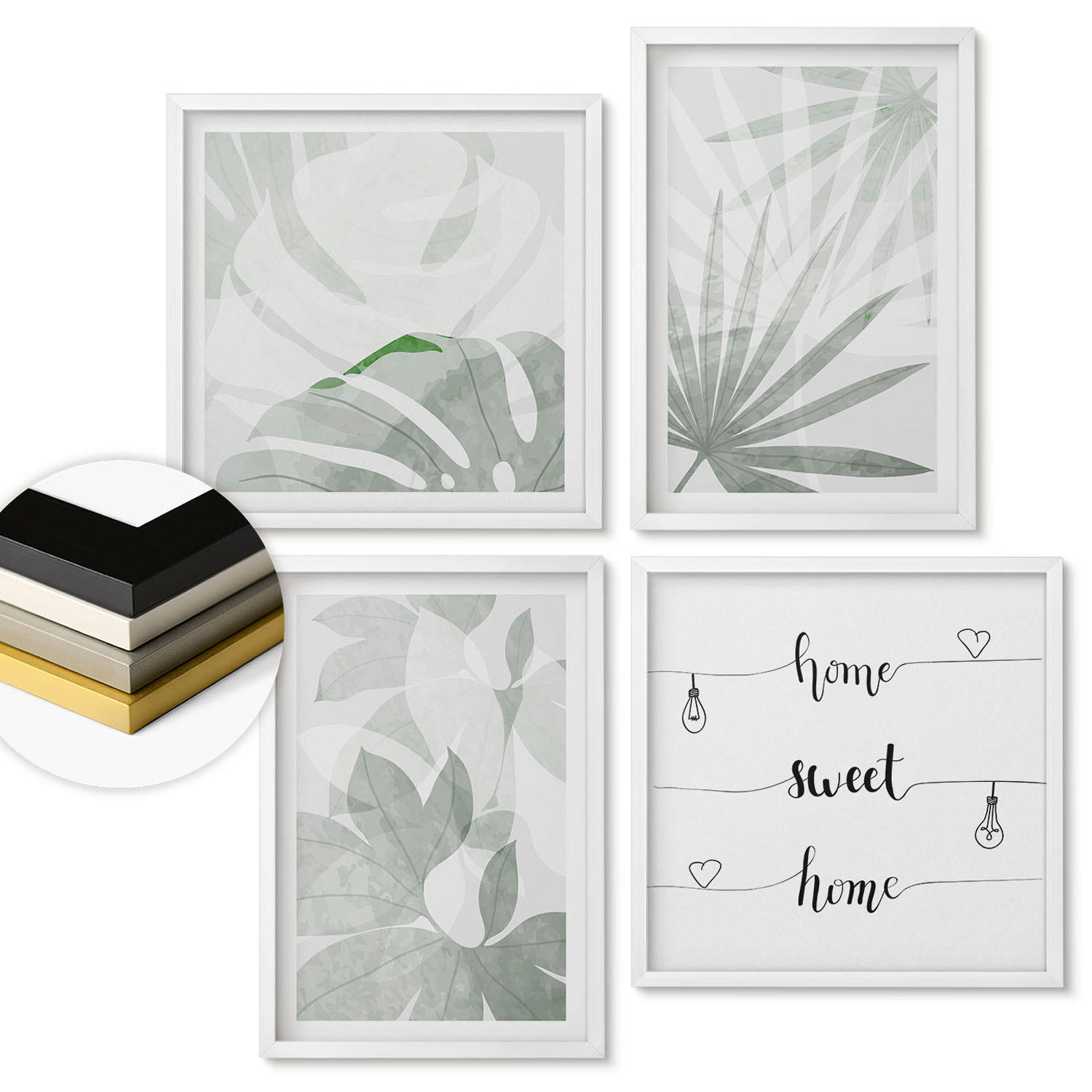 WANDBILDER 4er-Set - 50x50 cm & 40x60 cm Weißer Rahmen - Die Blätter der Pflanzen sind grünlich-grau. - Weiß, Kunststoff (50/50cm) - ArtPrintCave