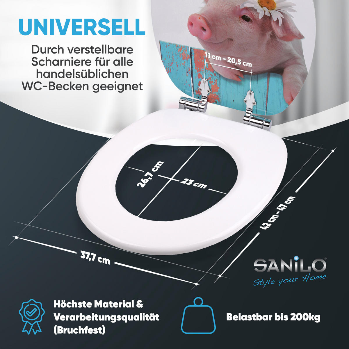 WC-SITZ mit Absenkautomatik Schwein - Türkis, Holzwerkstoff (38/6/47cm) - Sanilo