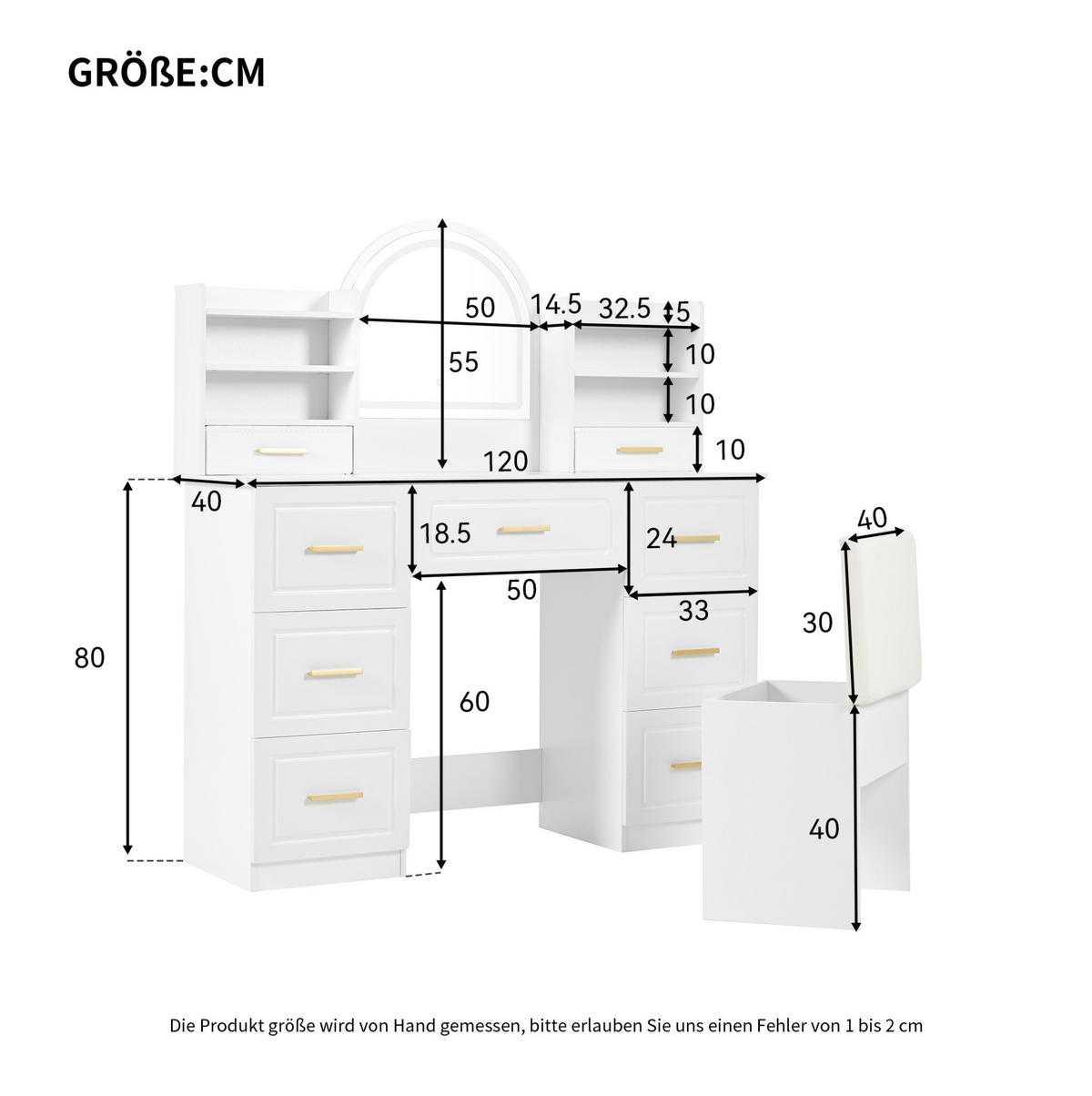 STOL za šminkanje, 120/40/135 cm, bijeli, od iverala s LED ogledalom - bijela, drvni materijal (40/135/120cm) - BEAOK