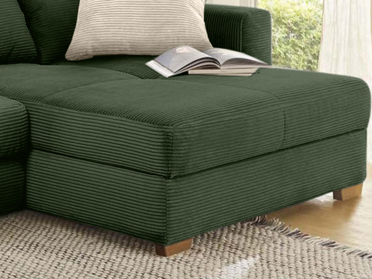 ECKSOFA-DAUERSCHLÄFER Federkern Bettkasten, seitenverkehrt montierbar B288/T186/H86 cm, Liegefl. 153x245 cm, Cord Grün / 15156 - Eichefarben/Grün, Holz/Textil (288/186cm) - luma-home
