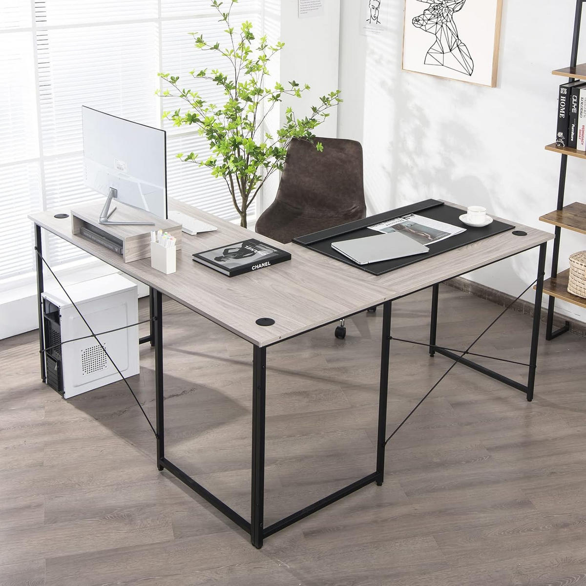ECKSCHREIBTISCH 74cm Grau - Grün, Holz (150/150/74cm) - COSTWAY