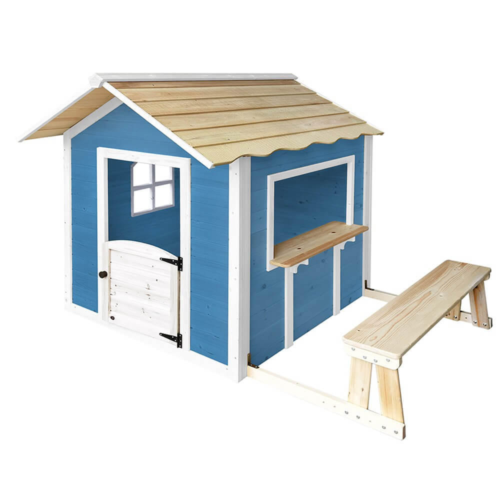 SPIELHAUS DER GROSSE PALAST - Farbe: Blau, Ausstattung: Mit Bank - Blau, Holz (101/128/106cm) - Home Deluxe