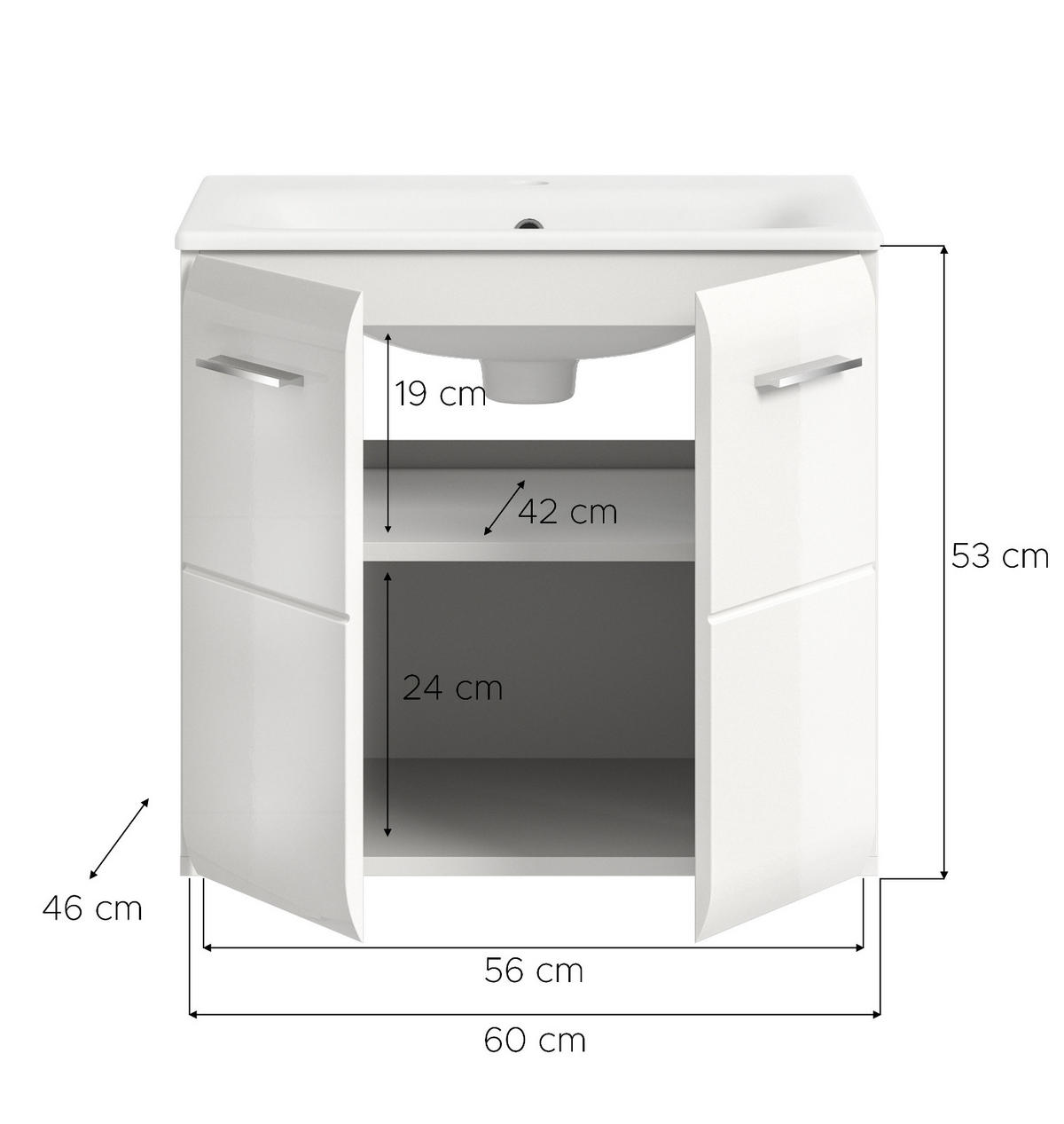WASCHBECKENUNTERSCHRANK inklusive Waschbecken weiß Hochglanz, Waschtisch hängend 60 cm - Weiß Hochglanz/Silberfarben, Keramik/Holzwerkstoff (60/55/46cm) - Inn.Furn