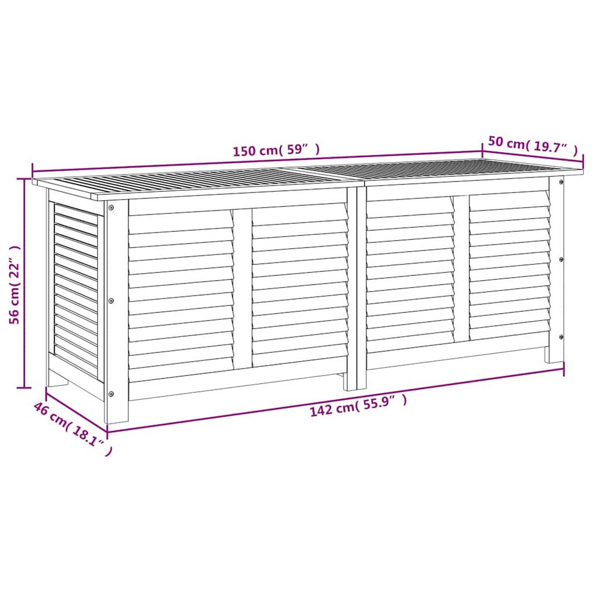 GARTENBOX mit Wasserfeste Innentasche, 150/50/56 cm, aus Massivholz Akazie - Braun, Holz (50/56/150cm) - vidaXL