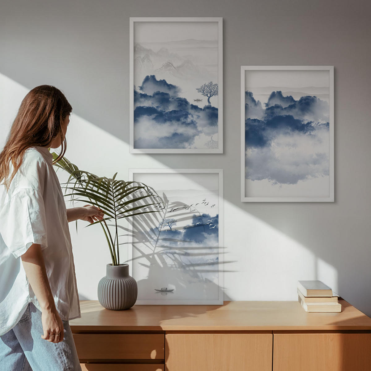 BILDER SET 3er Set - 40x60 cm Weißer Rahmen - Berge, Wolken, Bäume, Vögel - Weiß, Kunststoff (40/60cm) - TULUP