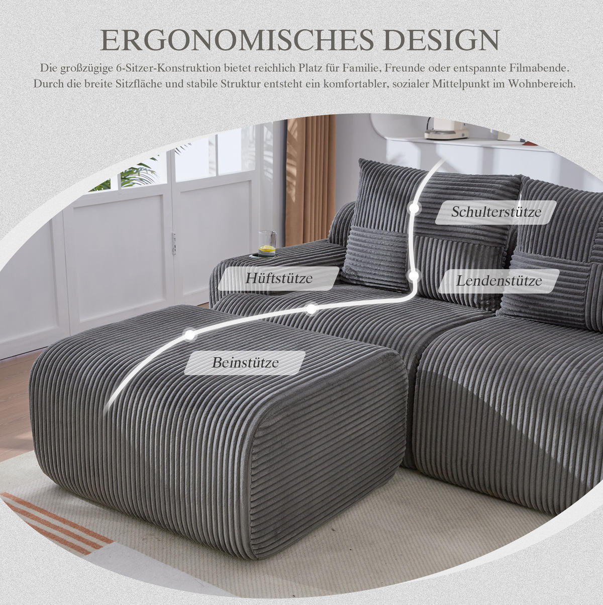 WOHNLANDSCHAFT 268/174/66 cm in Dunkelgrau, modular mit Cupholder und Seitentasche - Dunkelgrau, Textil (174/80/268cm) - Flora Grace