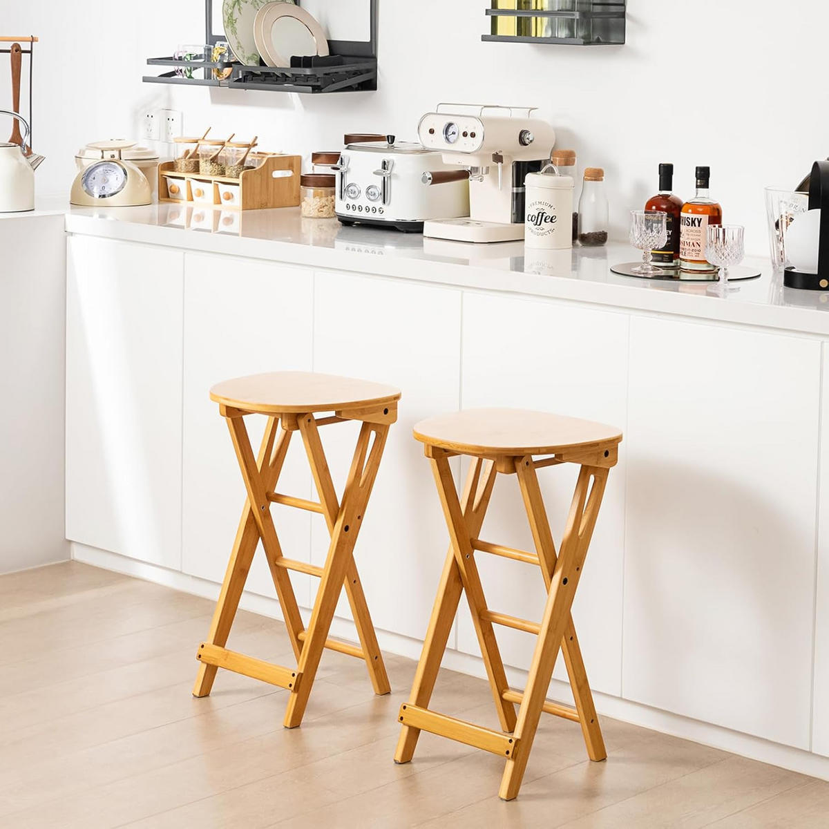 BARHOCKER Klappbar Holz(2er-Set) - Naturfarben, Naturmaterialien (34/84/38cm) - COSTWAY