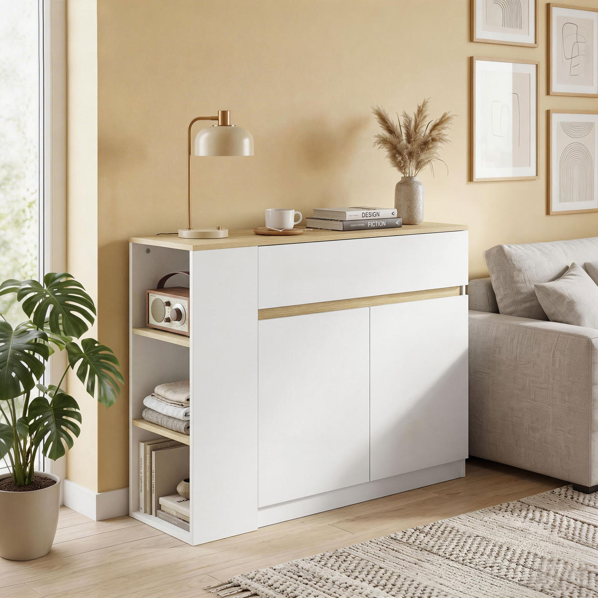 SIDEBOARD DE-11080 2 Schubladen, 3 offene Fächer & 2 Türen Weiß - Weiß, Holzwerkstoff (110/82/29.5cm) - ComfortXL