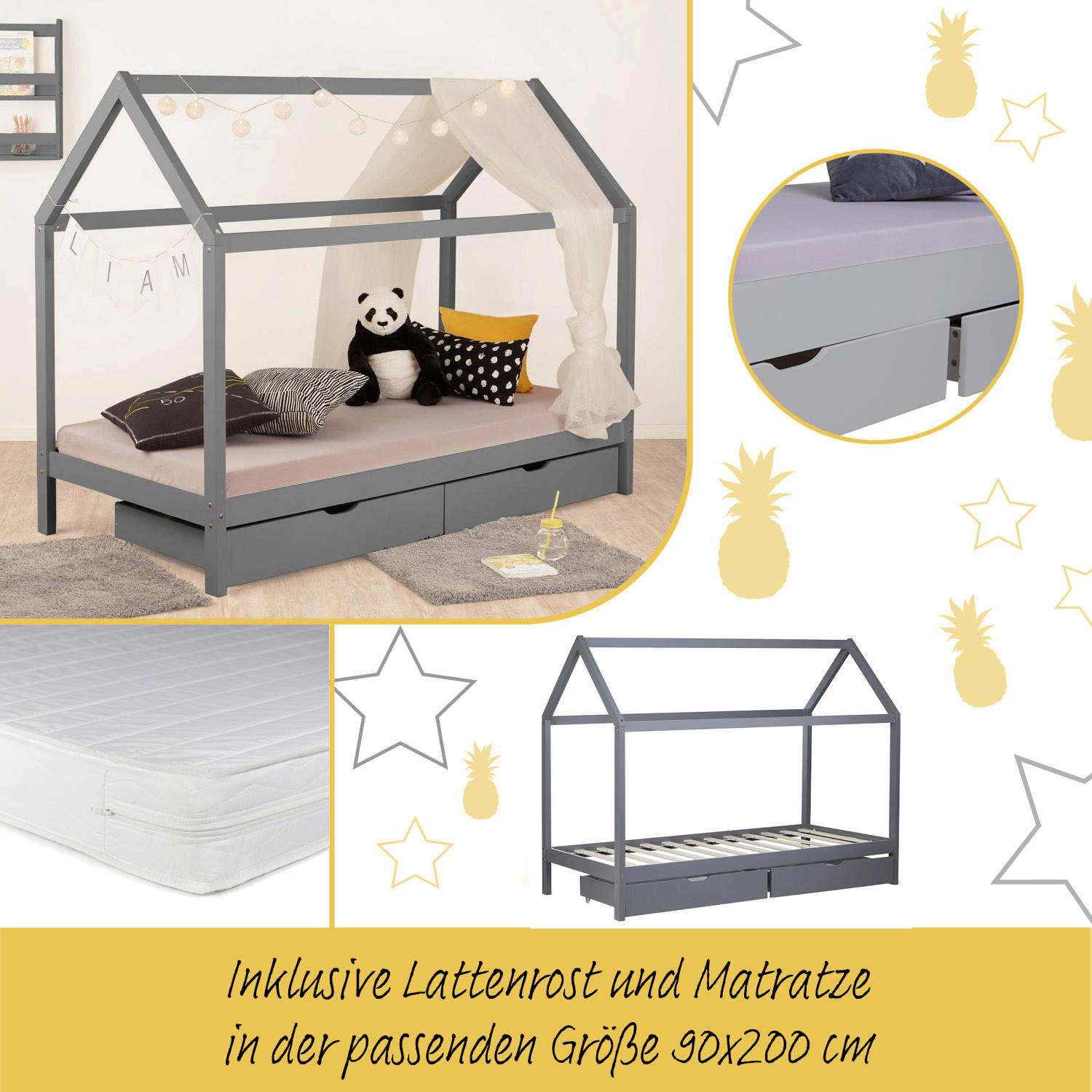 HAUSBETT mit Matratze mit Stauraum 90/200 cm Grau - Grau, Holz (206/160/98cm) - Homestyle4u