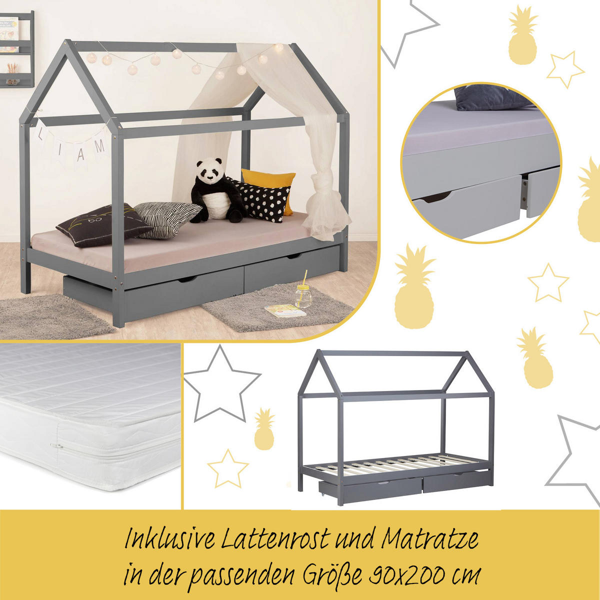 HAUSBETT mit Matratze mit Stauraum 90/200 cm Grau - Grau, Holz (206/160/98cm) - Homestyle4u