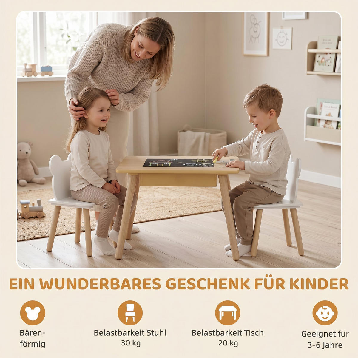 KINDER-TISCH-STUHL-SET 3er Set MDF Naturholz - Weiß/Naturfarben, Holz/Holzwerkstoff (60/44/60cm) - AIYAPLAY